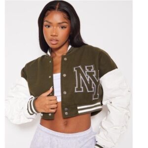 PrettyLittleThing Olive and White Cropped Varsity Jacket